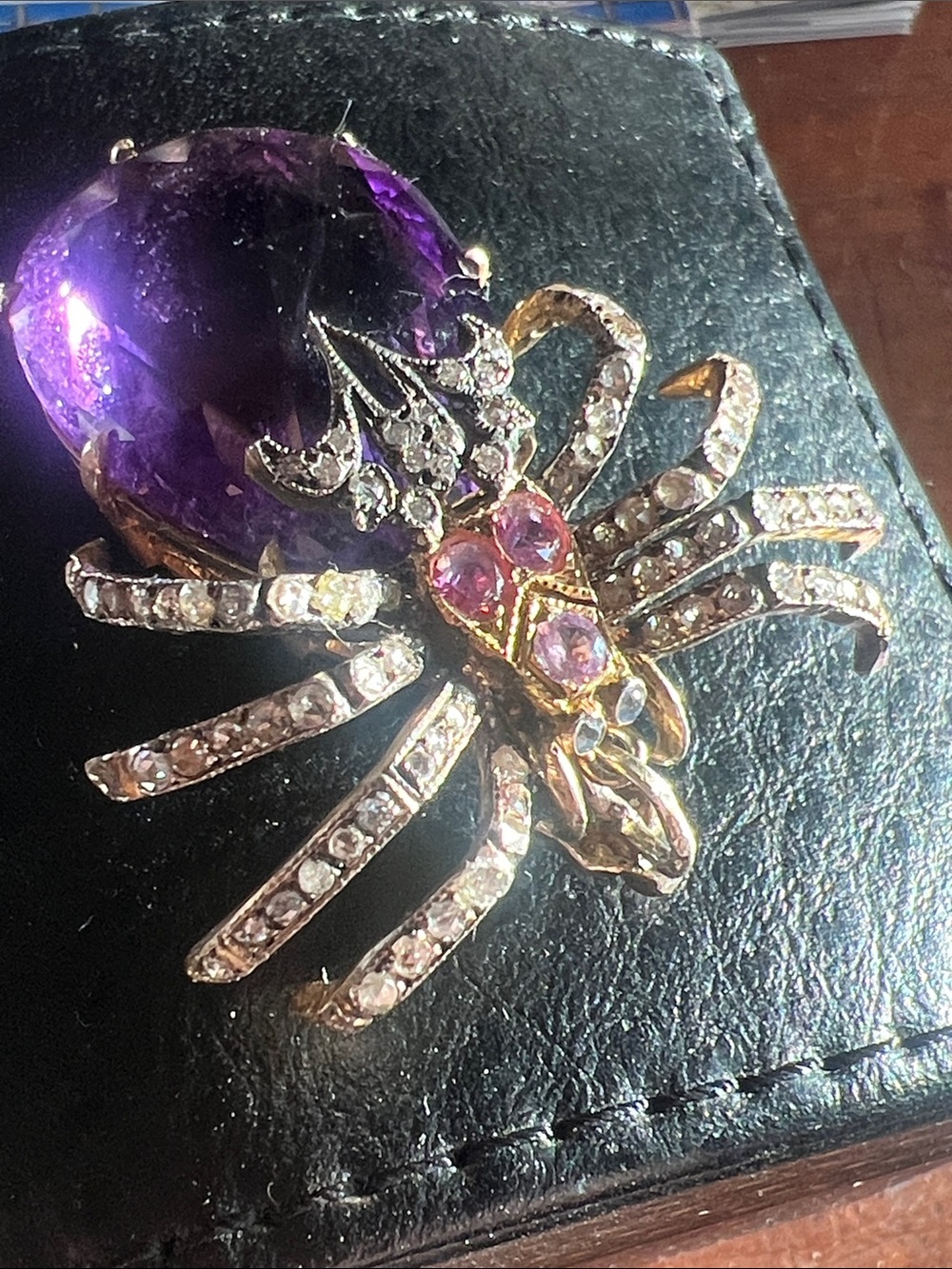 Antique SPIDER PENDANT 47.7ct Amethyst, Diamond, Blue & Pink Sapphire Gemstones - Picture 4 of 15